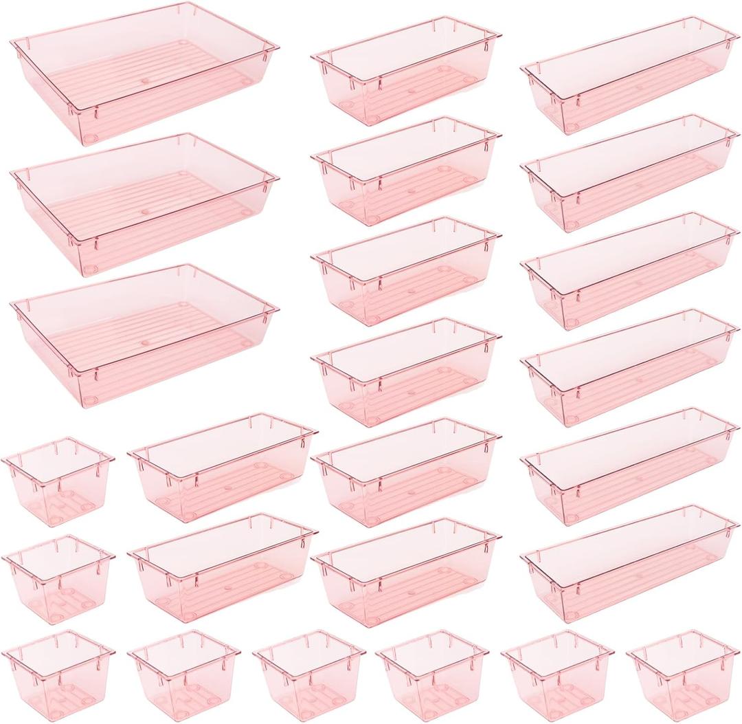 25 Pack Desk Drawer Organizer Set,Vanity and Desk Drawer Storage Bins,Clear Plastic Drawer Organizer Trays for Makeup,Office,Bathroom and Kitchen (Pink)