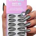 BTArtbox Press On Nails Almond - Spooky, Sparkle Cat Eye Grey Press on Nails with Nail Glue for Woman, Medium Soft Gel Glue On Nails in 15 Sizes - 30 Stick On Nails Kit