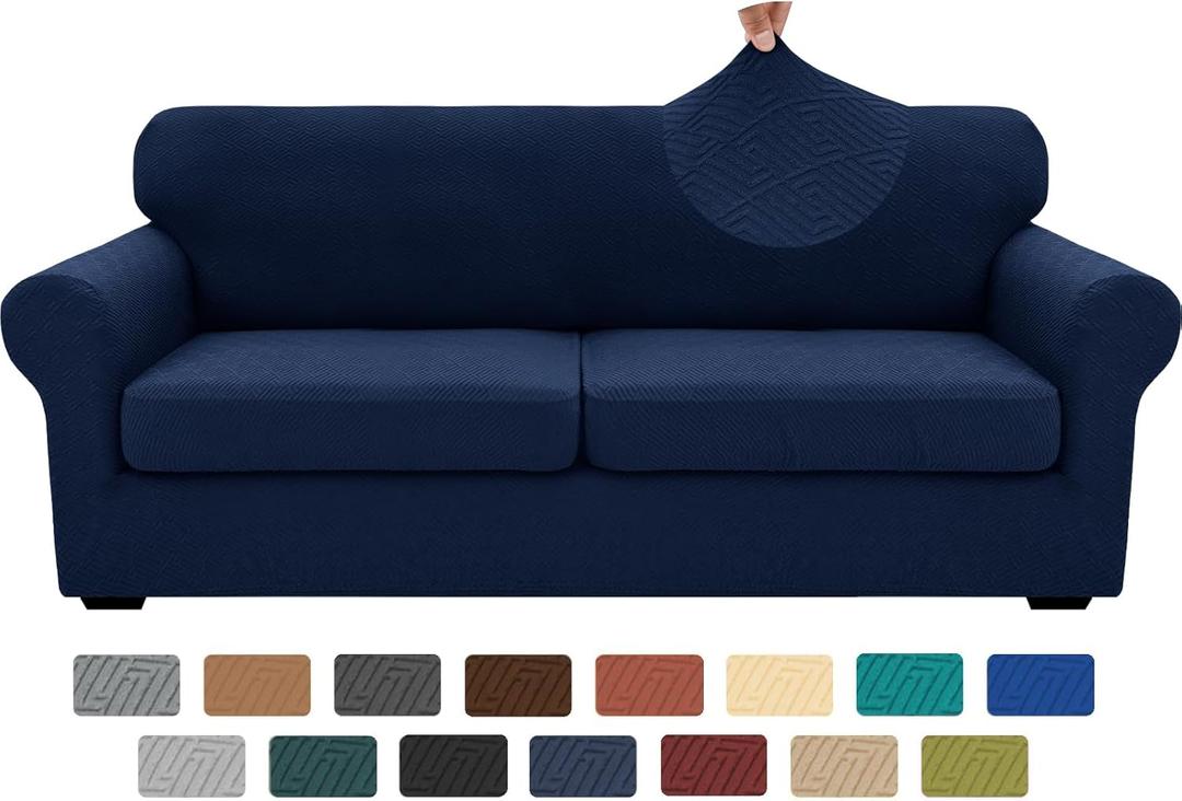 XINEAGE 2025 New 3 Pieces Couch Covers for 2 Extra Large Cushion Sofa Super Stretch Sofa Cover for 2 Large Seat Universal Loveseat Slip Cover for Living Room (Navy Blue), 71"-91"(2 Cushions)
