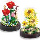 2 Flowers Bouquet Sunflowers - Rose Building Kit, Creative Bonsai Tree Succulents Plant Blocks with LED Light, Botanical Collection Home Office Decor Ideal Gift for Lover, Adult