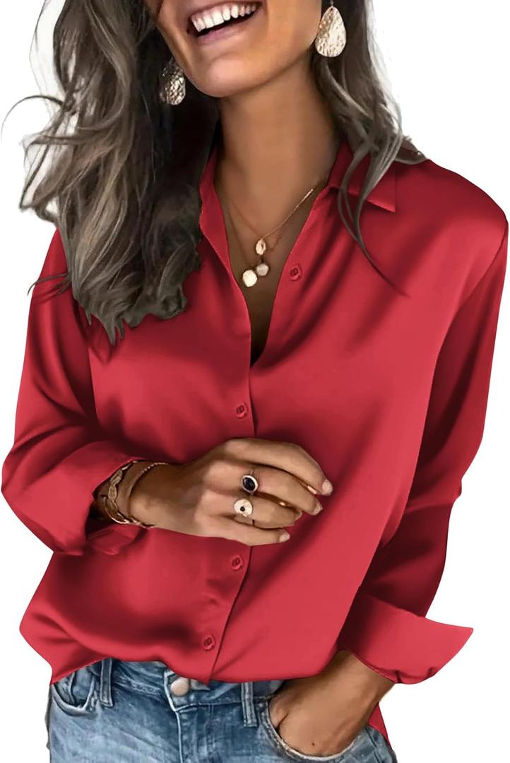 Zeagoo Satin Blouses for Women Silk Button Down Shirts Long Sleeve Business Casual Tops (X-Large, Red)