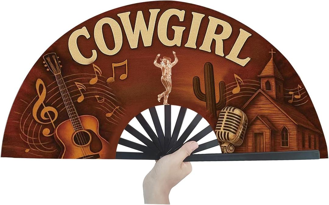 Cowgirl Fans for Line Dancing, 13inch Large Hand-held Flat Fan Western Style Popping Fan for Party, Festival, Club, Dancing