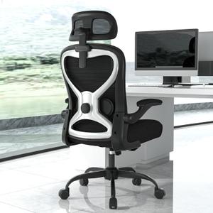 Ergonomic Office Chair, Mesh Desk Chair with Headrest, Lumbar Support, Thick Seat Cushion, Flip-up Arms, High Back Computer Task Chairs for Home Office, Black/Silver