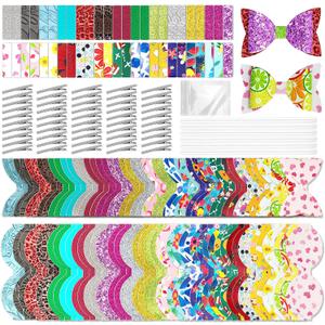 AOUXSEEM 50 Set Random Colors Bows DIY Making Kit for Beginners, Pre Cut Faux Leather Hairbows Contains Printed/Glitter/Embossed/Textured Fabric, with Alligator Clips for Women Girls Handmade Gift
