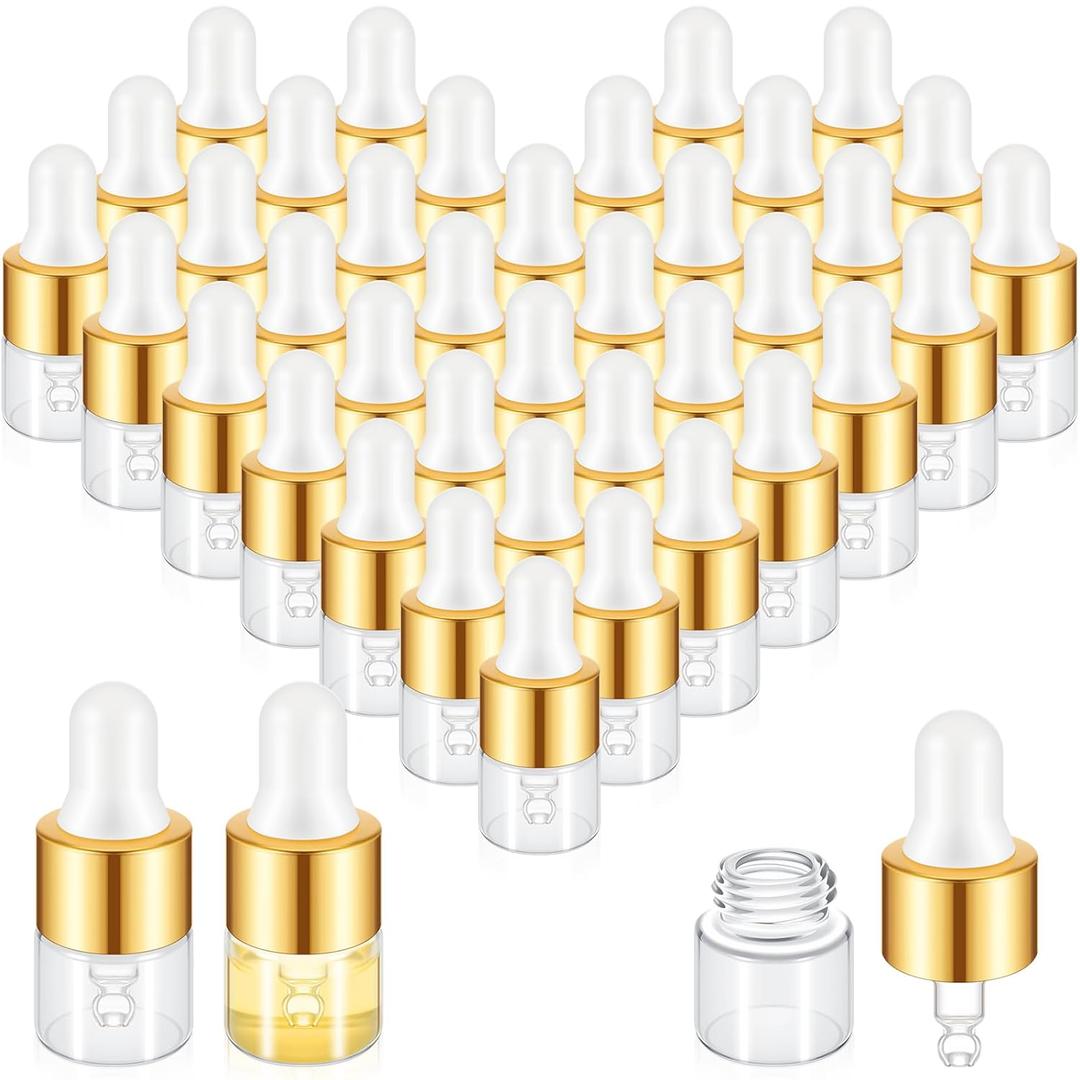 100 Pcs Mini Glass Oil Dropper Bottle Bulk, 1 ml Gold Clear Essential Small Empty Bottles Sample Containers Perfume Liquid Vials with Cap for Traveling