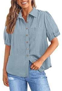 PRETTYGARDEN Womens Summer Short Sleeve Button Down Shirts V Neck Collared Casual Blouse Tops with Pockets S