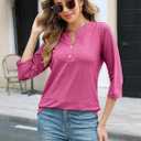 TICTICMIMI Women's V Neck 3/4 Sleeve Tops Button Down Casual T Shirts Basic Loose Fit Tunic Blouse (S)