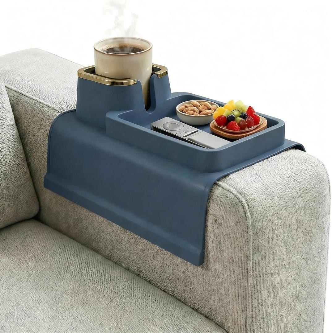 Luxury Gold Trim Couch Cup Holder Tray - Weighted Anti-Spill Navy Blue Silicone Sofa Armrest Organizer, Non-Slip Recliner Tray Table for Drinks, Remote, Phone - Fits Most Couch Arms, Home Gift