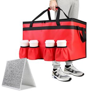 CIVJET Insulated Food Delivery Bag with 4 Cup Holders and Bottom Support, XXX-Large Insulated Grocery Bags Keep Food Hot/Cold, Cooler Bags with Drink Carrier, Food Carrier Catering Bag for Events, Red