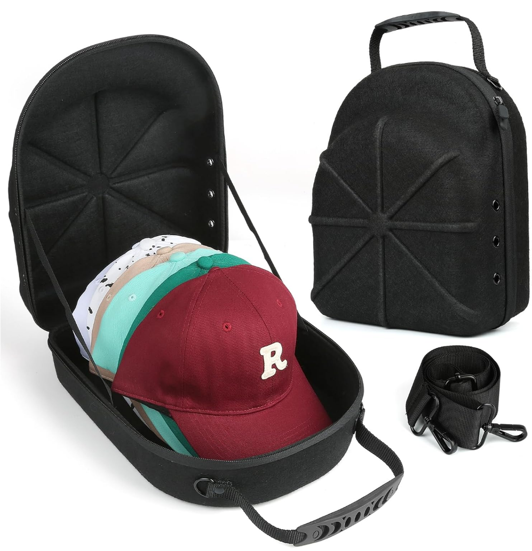 Hard baseball hat case, Hat Carrier Travel Case with Adjustable Shoulder Strap, Hat cap case for 6 Baseball Caps - Perfect for Traveling, Black