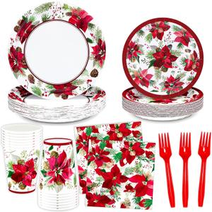 DYLIVeS Christmas Party Supplies, Christmas Poinsettia Flower Disposable Dinnerware Merry Winter Holiday Party Decorations family Xmas Paper Plates and Napkins Cups Forks Tableware Set, Serves 24