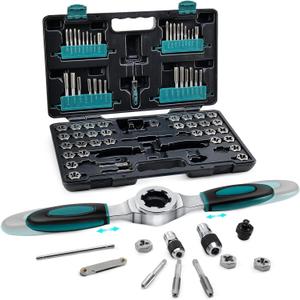 76-Piece SAE/Metric Tap and Die Set with Extendable Ratcheting Tap Handle, Rethreading Tool Kit for Internal and External Threading