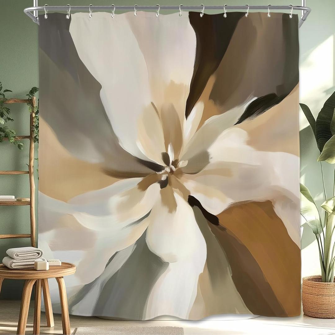 Miyotaa Abstract Flower Art Shower Curtain Set 60Wx71H Inches Brushstroke Neutral Earthy Tones Illustrations Minimalist Polyester Waterproof Cloth Bathroom Curtain with 12 Hooks