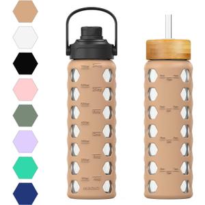 MUKOKO 24oz Glass Water Bottle with 2 Lids-Handle Flip Lid&Bamboo Straw Lid,Motivational Water Tumbler with Time Marker Reminder and Silicone Sleeve, Leakproof-Amber