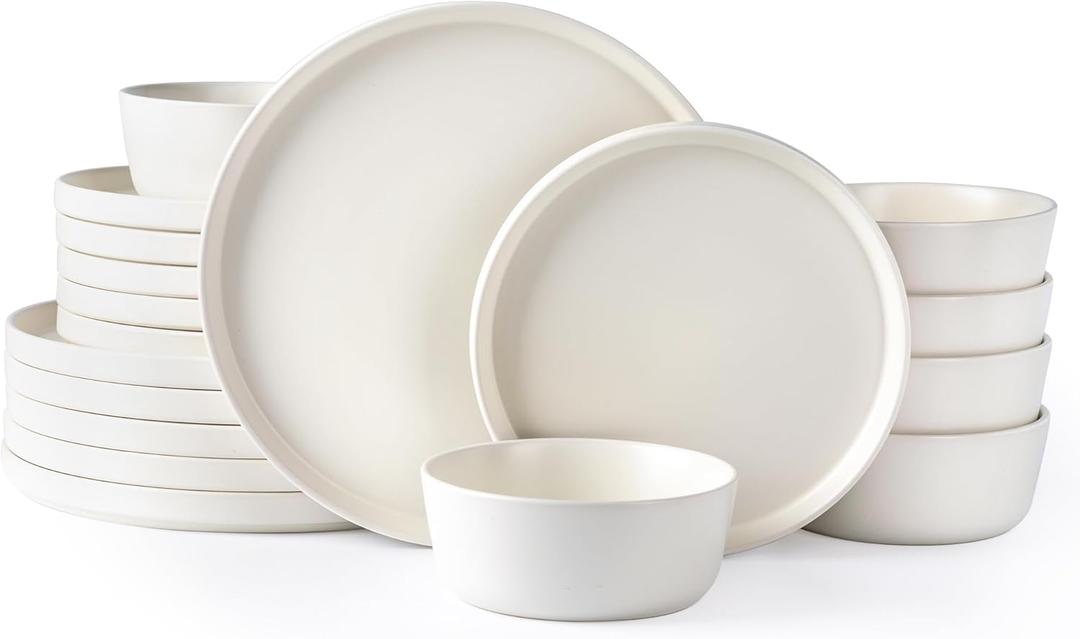 AmorArc Ceramic Dinnerware Sets of 6, Modern Flat Stoneware Plates and Bowls Sets,Chip and Crack Resistant | Dishwasher & Microwave Safe Dishes Set,Scratch Resistant- Service for 6 (18pc)-Matte Cream (Service for 6, Cream)