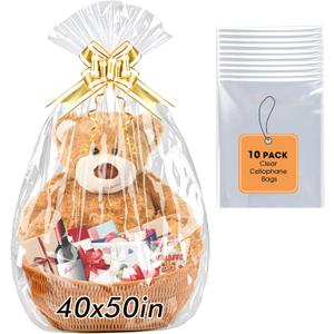 Yuiicaov 10PCS Extra Large Cellophane Bags, 40x50 Inches Clear Cellophane Wrap for Gift Baskets, Jumbo Huge Clear Gift Bags, Packaging 2.8 Mil Thick