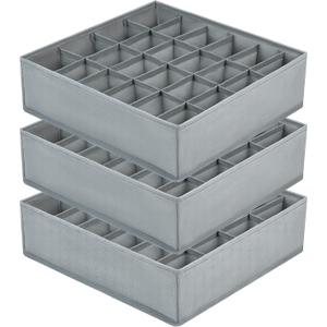DIMJ Sock Drawer Organizer Dividers - 3 Pack 72 Cell Underwear Organizer Foldable Closet Storage for Ties, Belts, Lingerie, Hijab, Scarf, Handkerchiefs, Fabric Dresser Storage (Gray)
