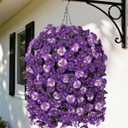 HyeFlora 4pcs Artificial Flowers for Outdoors Fake Pansy with Hanging Basket UV Resistant Silk Spring Faux Flowers for Outside Front Door Porch Yard (Mix Purple)