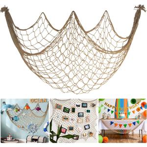 Fishing Net Decor for Party - 80x40 In Brown Fish Net Decorations Under The Sea Hawaiian Mermaid Pirate Beach Party Decorations, 3mm Natural Cotton Fishnet Ocean Nautical Themed Wall Table Decor, Large