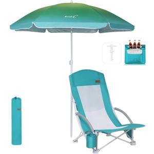 Nice C Beach Chair, Beach Chairs for Adults with Umbrella and Cooler, High Back, Cup Holder & Carry Bag & Heavy Duty Compact Outdoor, Camping (One Blue)