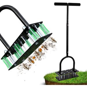 Lawn Aerator - Aerator Lawn Tool, Automatic Dirt and Leaf Clean Design, Heavy Duty Manual Lawn Aerator Tool with 15 Iron Spikes, Height Adjustable, Yard Grass Aerator for Lawn(Black)