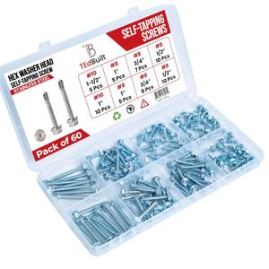 3 x Hex Head Self Tapping Screws for MetalStainless Steel 410 Pack of 60 (#8x1/2, #8x3/4,#8x1,#10x1,#10x1-1/2)5 Sizes Self Drilling Screws Sheet Metal Screws Corrosion & Wear Resistant (Silver)