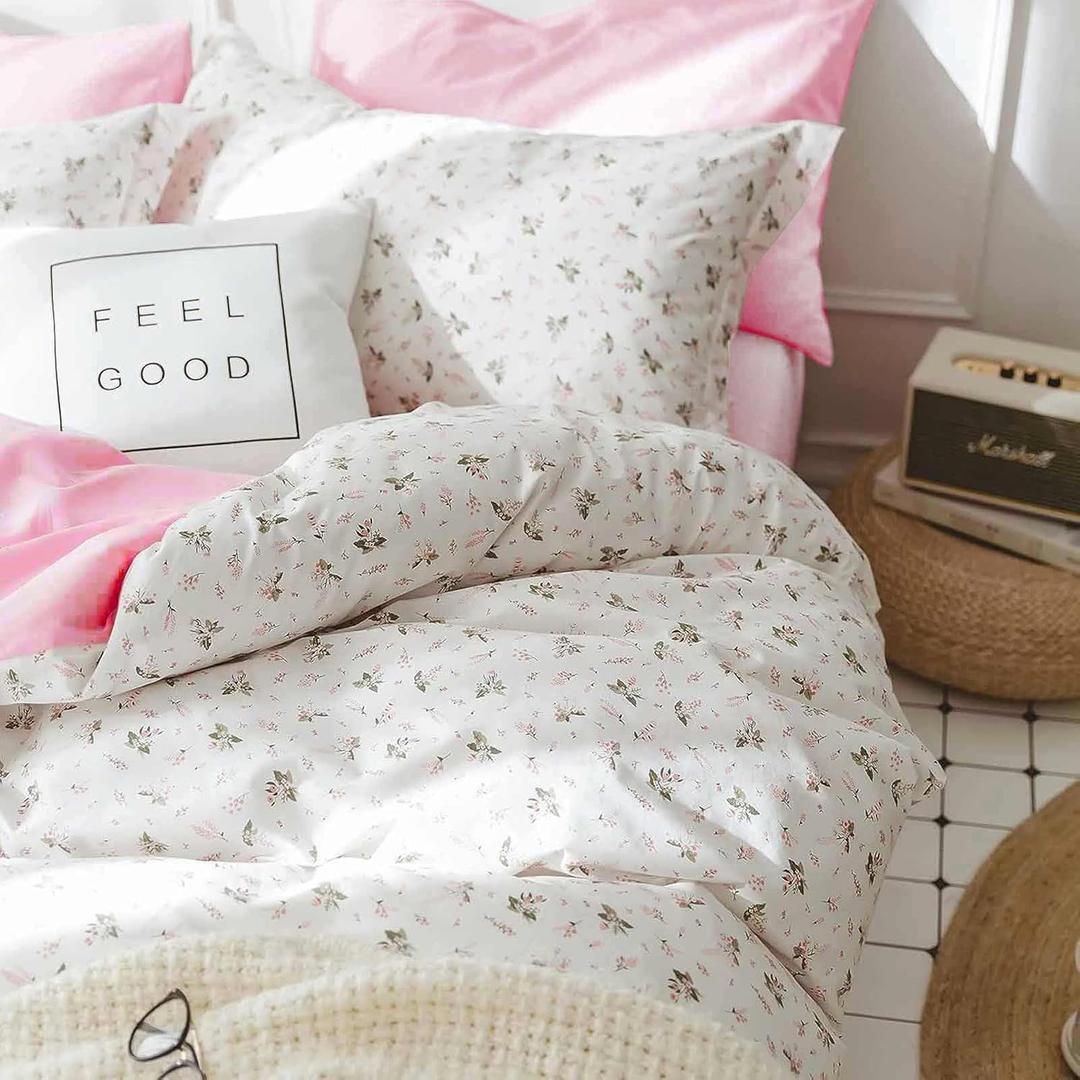 7 Pcs Queen Size Comforter Set with Sheets, Pink White Floral Pattern Printed Preppy Decor Reversible Bed Sets - 90 x 90 Soft Microfiber Flower Duvet Cottage Vintage Bedding in a Bag for Women Men