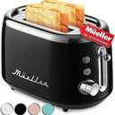 MÜELLERHOME Retro Toaster 2 Slice, 7 Browning Levels, 3 Functions (Reheat, Defrost, Cancel), Stainless Steel Features, Removable Crumb Tray, Under Base Cord Storage, Black 4 Pack