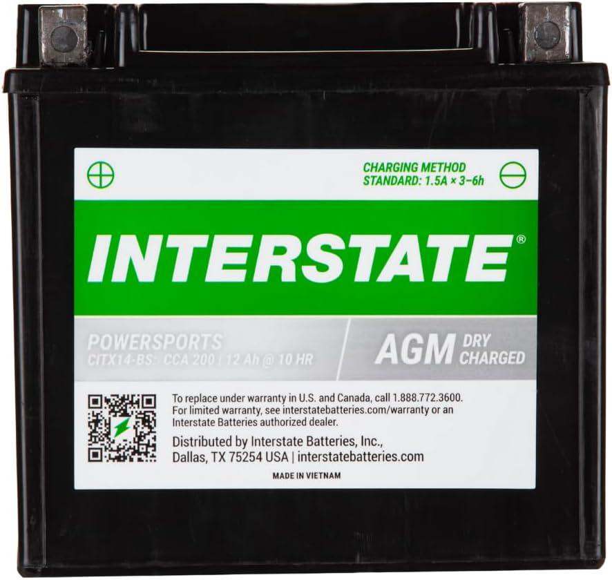 Interstate Batteries YTX14-BS - Batera de 12 V y 12 Ah para deportes motorizados, 200CCA AGM, repuesto recargable para motocicletas, cuatrimotos, UTV, scooters, motos de nieve (CITX14-BS)