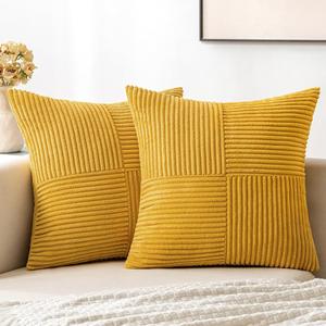 MIULEE Mustard Yellow Corduroy Pillow Covers Pack of 2 Boho Decorative Spliced Throw Pillow Covers Soft Solid Couch Pillowcases Cross Patchwork Textured Covers for Living Room Bed Sofa 18x18 inch (18" x 18" (Pack of 2))
