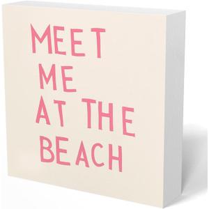 Pink Meet Me at the Beach Room Decor for Coastal Room Decor Signs for Beach Aesthetic Themed Desk Decorate for Teen Girls Pink Beachy Bedroom Bathroom Shelf Table Desk, 5x5 Inch