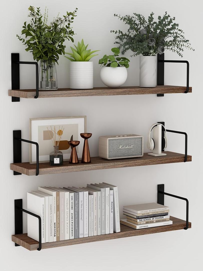 Floating Shelves - 24 Inch Wall Mounted Set of 3 Rustic Wood Shelves for Wall Decor and Living Room Storage (Brown)
