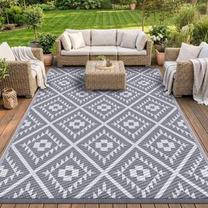 COOLTOP 9'x12 Outdoor Rug for Patios Porches, Waterproof Plastic Camping Rugs, Modern Reversible Mat, Large Area Rugs for Backyard, Deck, RV, Balcony, Picnic, Beach, Grey & White
