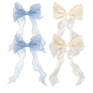 4 PACK Light Blue and Champagne Big Ribbon Hair Bows,Large Hair Accessories,Oversized Long-tail Hair Clips for Women and Girls Hair Styling Accessories.