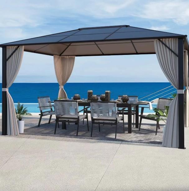 EROMMY 10’ x 13’ Patio Hardtop Gazebo Aluminum Frame Gazebos with Netting & Curtain, Outdoor Polycarbonate Gazebo For Garden, Patio, Lawns