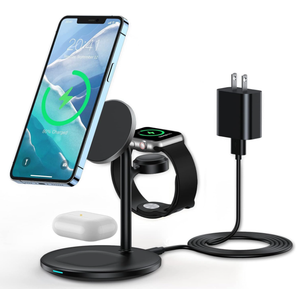 XooFly 3 in 1 Wireless Charging Station for Apple Devices, Fast Wireless MagSafe Charger Stand with 20W Adapter for iPhone 17/16 15 14 13 12 Pro Max/Pro/Plus/Air/Mini, iWatch, AirPods (Black)
