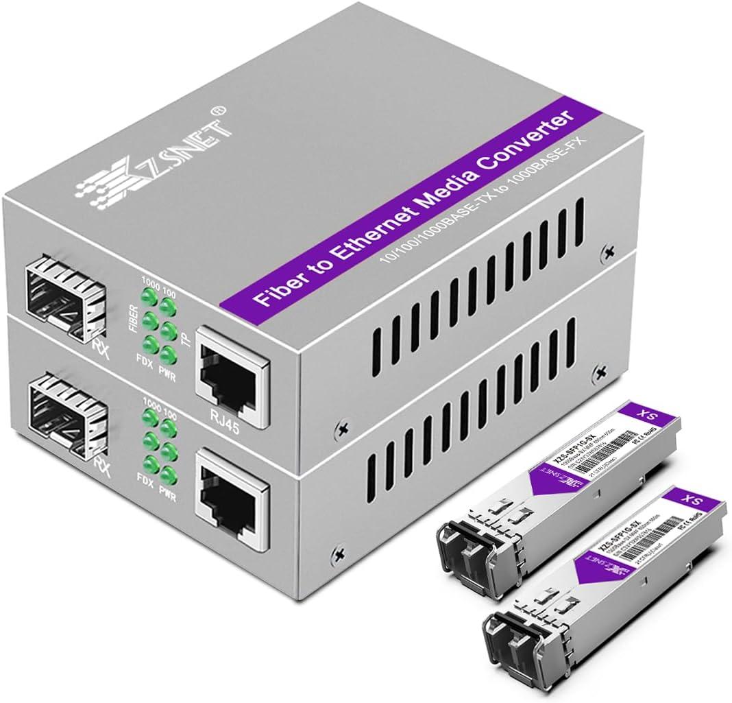 A Pair of 1.25G/s Gigabit Multi-Mode Dual LC Fiber to Ethernet RJ45 Media Converter for 10/100/1000Base-Tx to 1000Base-SX (with 2PCS SFP to LC Module), 850nm, MMF, up to 550-m