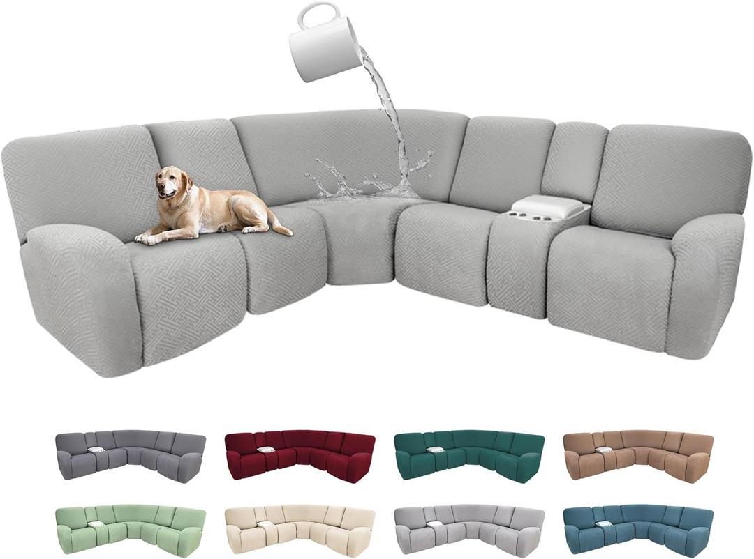 100% Waterproof Sectional Recliner Couch Covers for Reclining Couch L Shaped Corner Sectional Sofa Cover Jacquard Stretch L Shape Recliner Slipcovers (5 Seater 1 Console Cover, Cloud Grey)