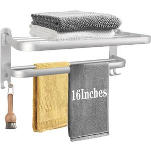 Towel Rack for Bathroom, Bath Towel Holder with Double Towel Bar and Fold-able Towel Shelf, Rustproof Towel Organizer Wall Mounted Towel Storage Hanger for Bath/Balcony/Lavatory(16In Sliver)