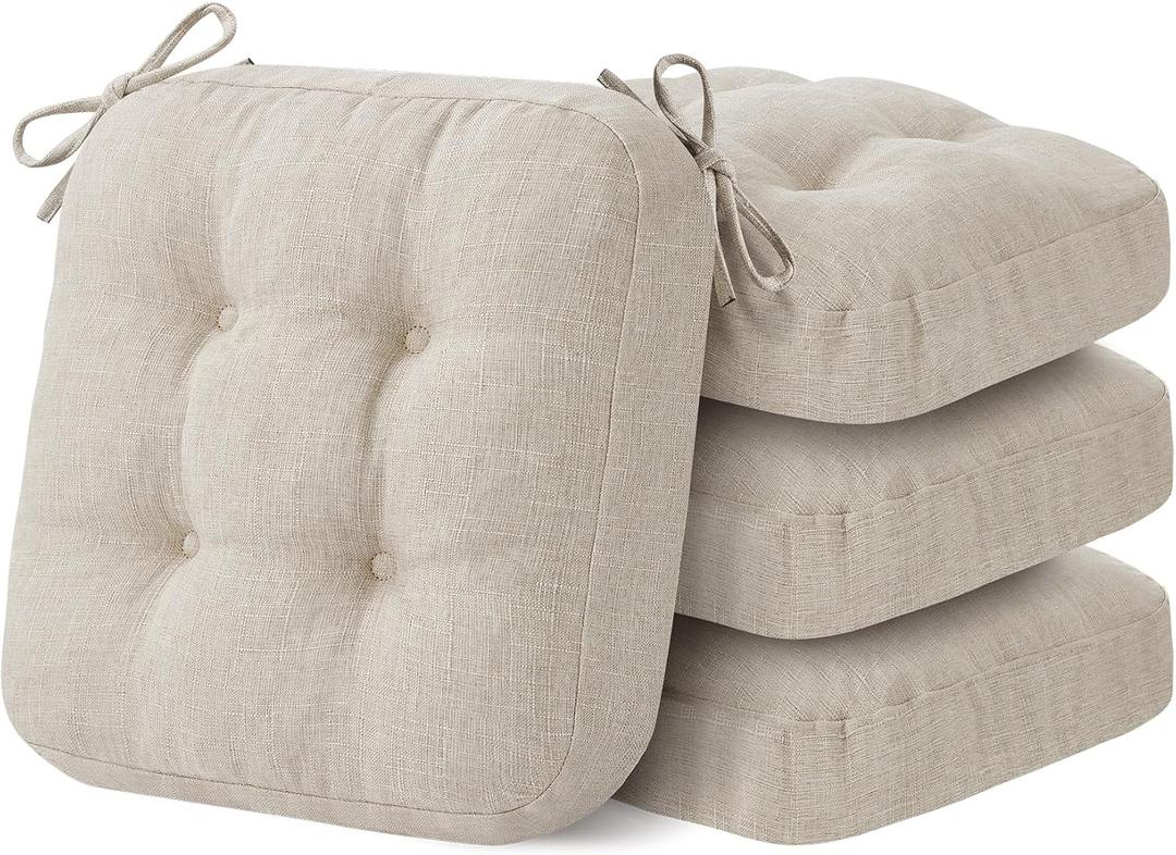 Chair Cushions, Memory Foam Dining Chair Cushions, Tufted Indoor Chair Pads, Set of 4,  16.5” x 16.5” x 3.5”, Beige