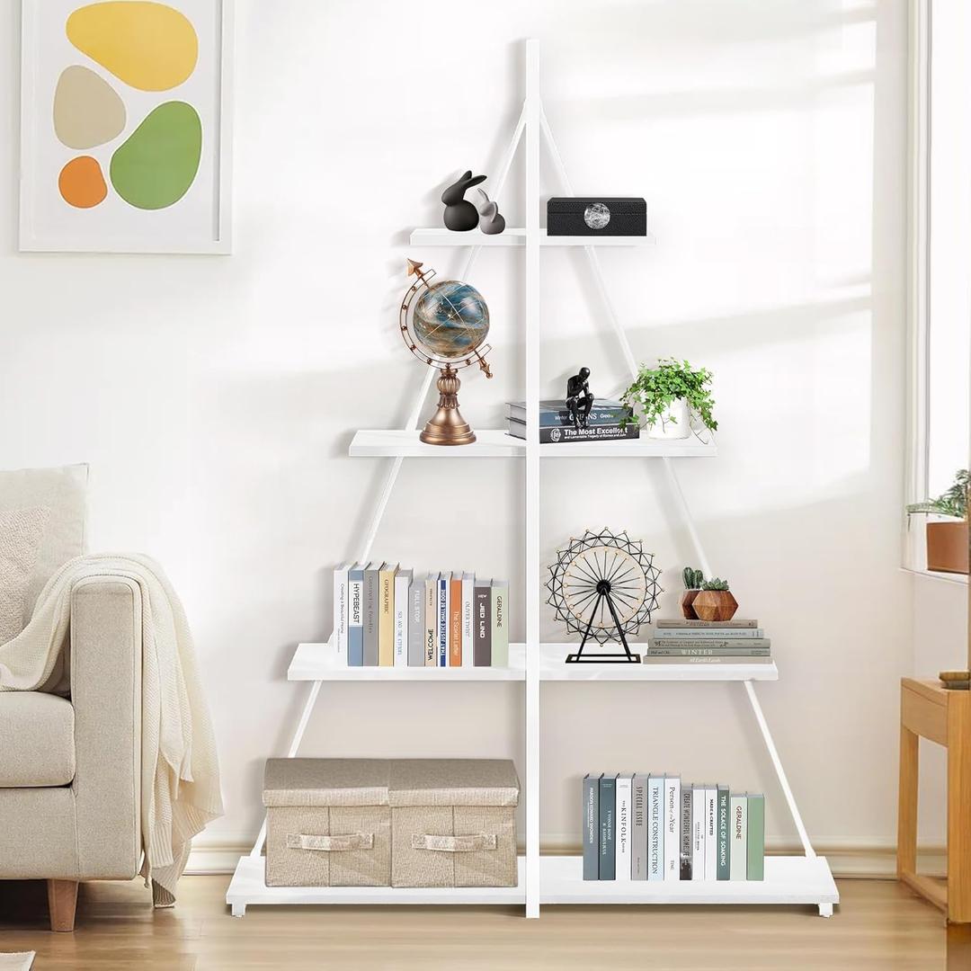 Book Shelf, 4 Tier Ladder Bookcase with Sailboat A-Shaped Design, Narrow Storage Display Shelves, Sturdy Wood and Metal Frame, Modern Bookshelf for Living Room, Home Office, Bedroom, Small Spaces