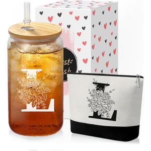 Custom Glass Cup & Makeup Bag Set - Personalized Gifts for Women, Initial 16 oz Glass Tumbler with Lid & Straw, Monogram Makeup Bag - Birthday Gifts For Women, Mother's Day Presents(L)