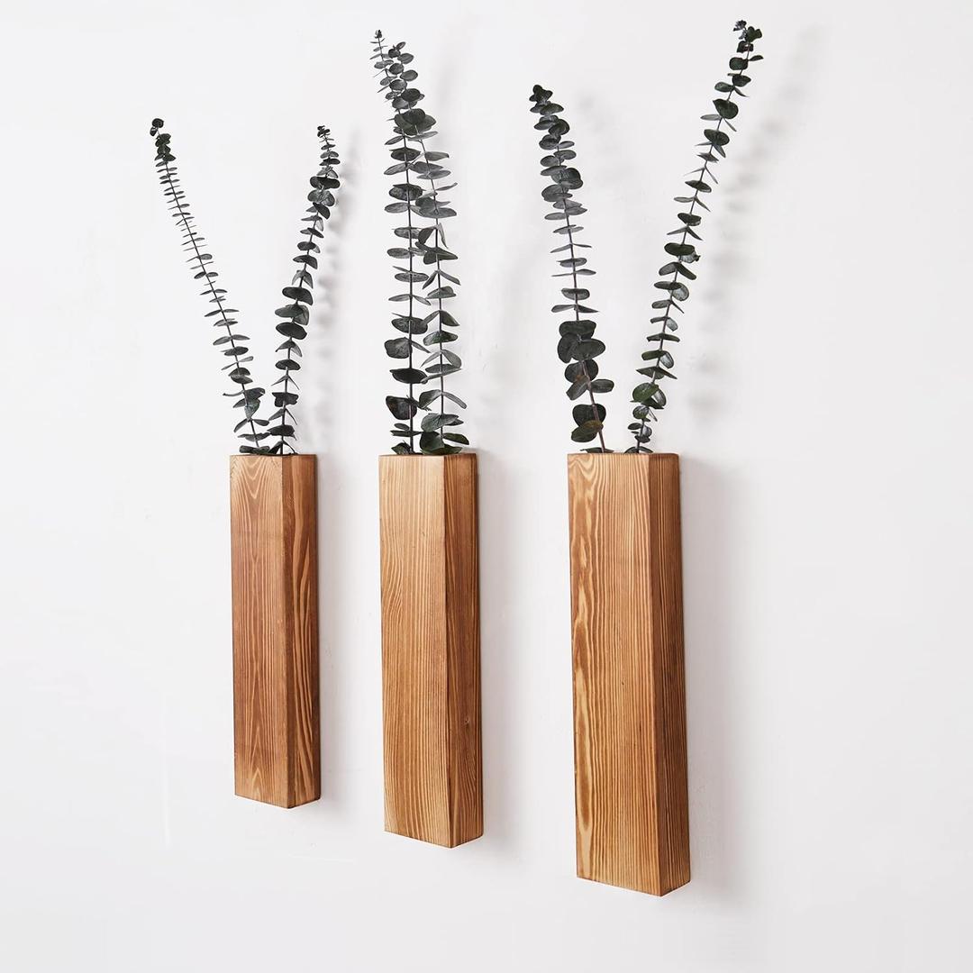 3-Pack Decorative Wood Wall Planters for Artificial Plant, Dried Flower Stems, 12" Slim Wood Wall Vases for Living Room, Bedroom, Bathroom, Apartment Decor