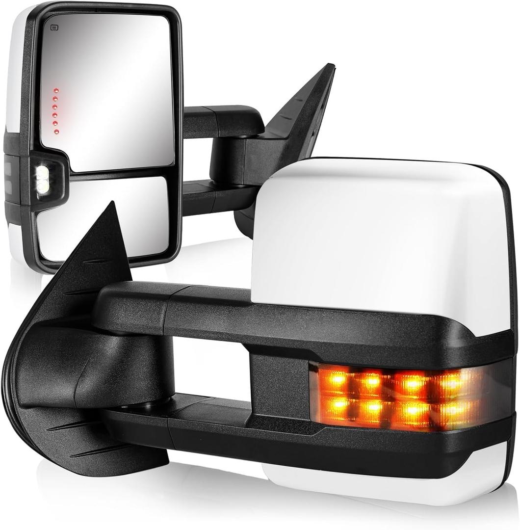 Towing Mirrors for 2007-2013 Chevy Silverado Avalanche Suburban Tahoe/GMC Sierra Yukon Side Mirror with Power Heated Turn Signal Light Backup Lamp Pair Set(Painted White) (White)