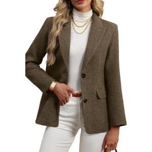 ELLEVEN Womens Wool Blend Tweed Warm Blazers Herringbone Business Casual Fall Winter Oversize Suit Jacket (XX-Large, Brown)