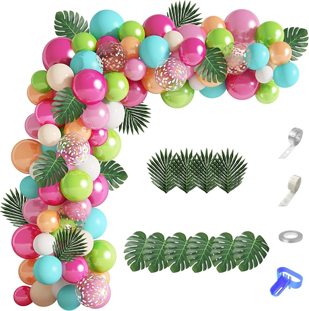 124Pcs Tropical Balloons Arch Garland Kit, Green Hot Pink Rose Gold Confetti Balloons Palm Leaves for Tropical Hawaiian Aloha Luau Flamingo Birthday Party Baby Shower Wedding Decorations