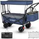 Collapsible Wagon with Removable Canopy, 3-in-1 Heavy Duty Garden Cart with Big All-Terrain Wheels, Brakes, Adjustable Push Pull Handle, Cooler Bag, 300LBS Wagon Cart for Camping (Blue)