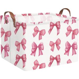 Rectangular Pink Girls basket,Delicate pink bow girls nursery laundry basket,Pink Laundry Hamper,kids waterproof collapsible canvas basket,Toy bins,Girls Room decor(Bowknots)