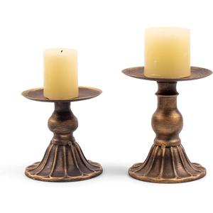 Farmhouse Bronze Candle Holders for Pillar Candles Metal Decorative Taper Candle Stand, Retro Set of 2 Candlestick Holder Table Centerpiece Decor for Fireplace, Living or Dining Room