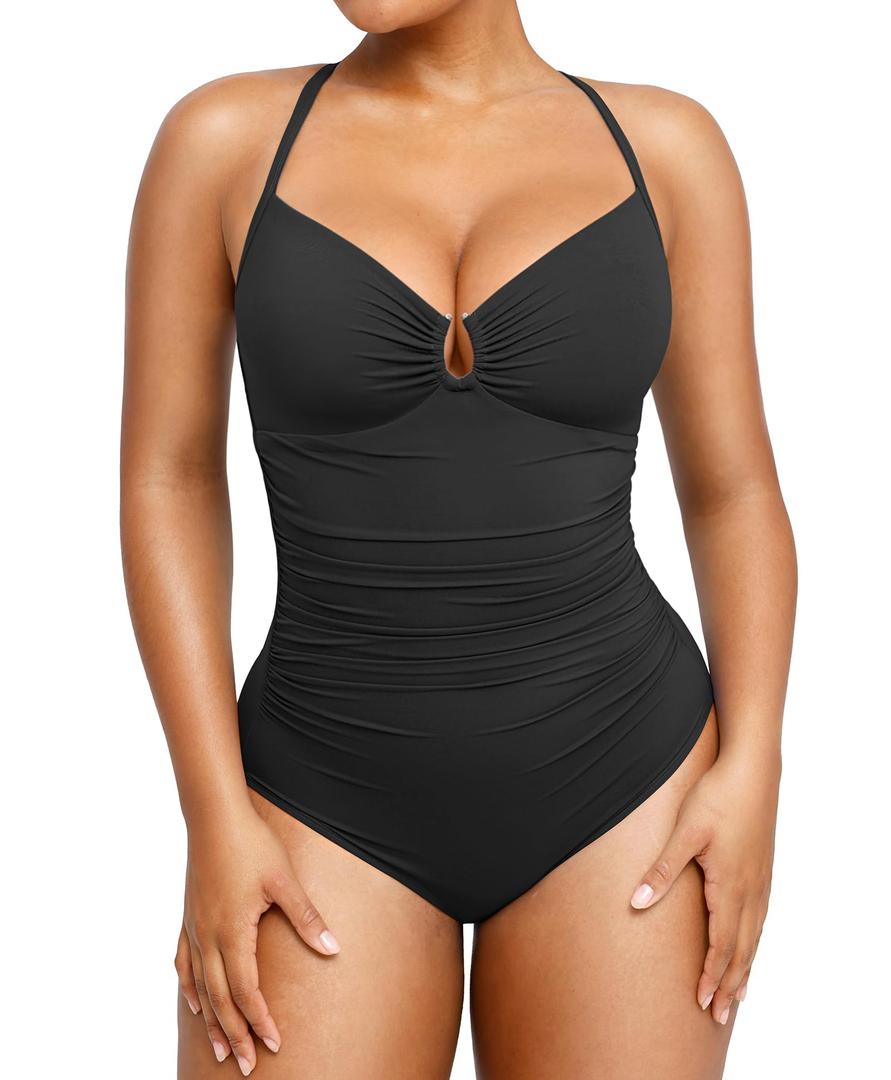 SHAPELLX Womens Swimsuits Tummy Control Bathing Suit Slimming One Piece U-Ring Shapewear Swimwear with Ruched Waist (Black,Large)